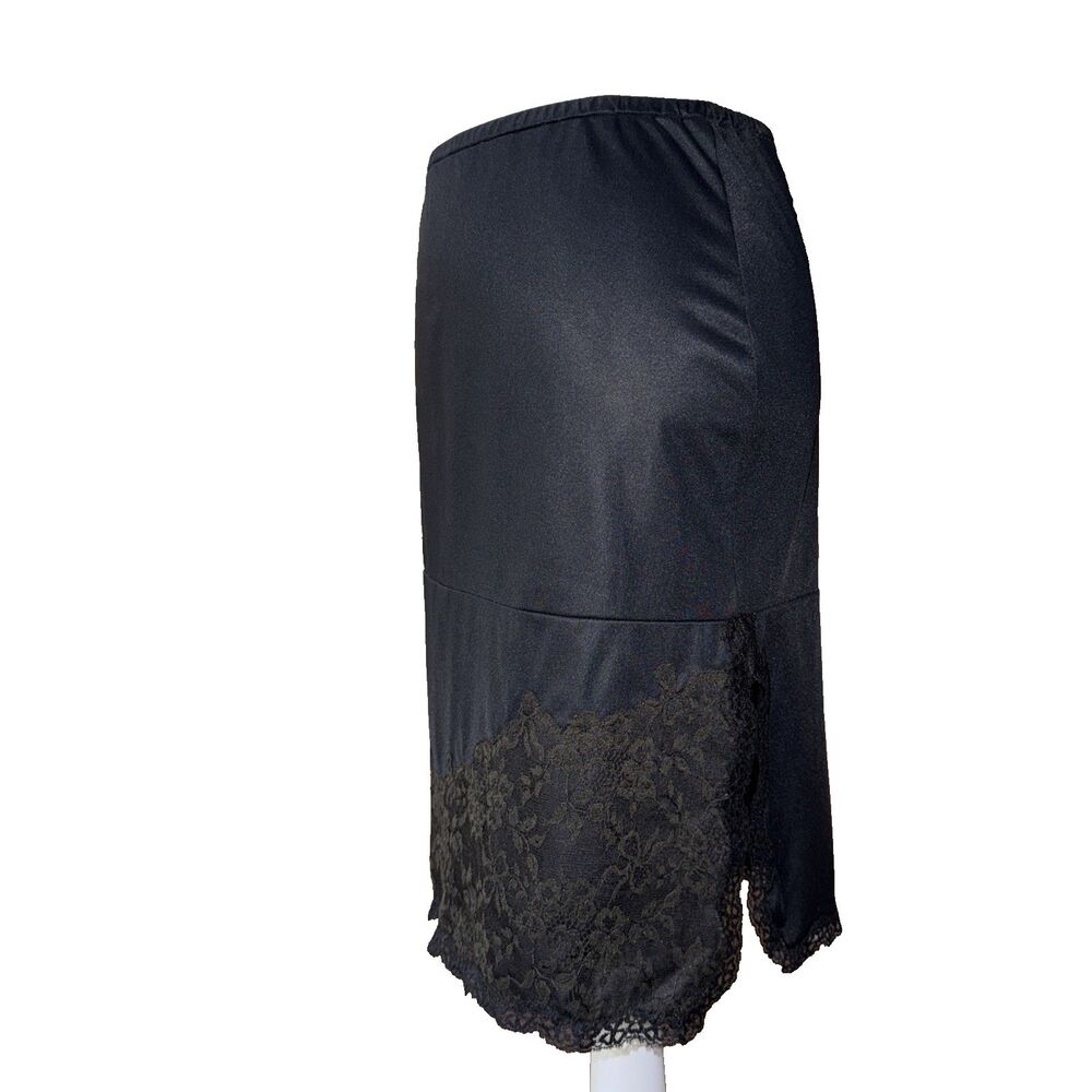 Vintage Black Nylon Lace Slip Skirt Midi Coquette Romantic 90s USA S Satin Silky
